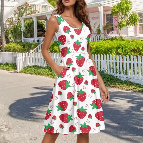 Image of Women's Casual Loose Sundress Midi Sleeveless Crewneck Dress Summer Beach Tank Dress with Pockets