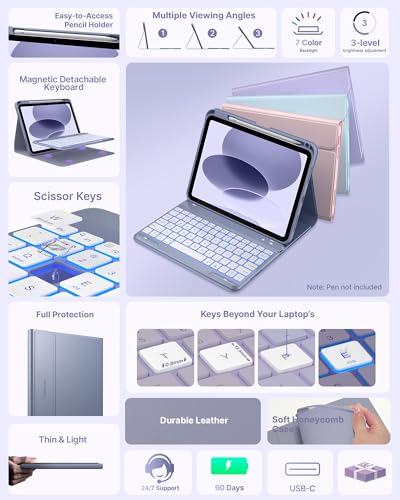 Image of typecase Folio Keyboard Case for iPad 10th Gen 10.9 inch (2022) and iPad 11th (A16, 2025), Magnetic Wireless Detachable Keyboard, 7-Color Backlight, Thin & Light, Pencil Holder - Lavender