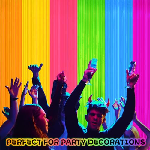 Image of 8 Pack Glow in The Dark Curtains Party Supplies 6.6 x 3.3 Ft Glow Tinsel Foil Fringe Curtains Colorful Patchwork Streamer Backdrop for Birthday Holiday Neon Party Decorations