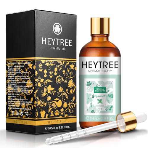 HEYTREE Huile Essentielle de Menthe Poivrée 100ml - L’arôme fort et frais de menthe poivrée augmente l’optimisme et la clarté - Parfait pour l’aromathérapie, le diffuseur, la respiration claire