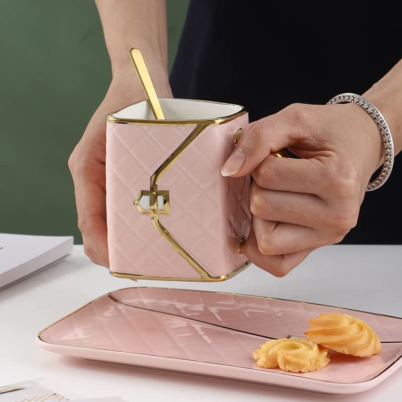 Asiasioc Borsa a forma di tazza in ceramica a forma di tazza da caffè Set di tazze di disegno disegno borsa oro stile tazza con cucchiaio regalo aziendale tazze da tè (bianco