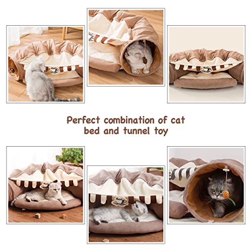 Image of EAEDMY Cat Rabbit Tunnel Bed Nest for Cats Indoor, with Collapsible Washable Soft Cushion, Plush Ball and Exercise Wheel Tube, Fit for Puppy Bunny Kitty Kitten Ferret(2.Coffee)