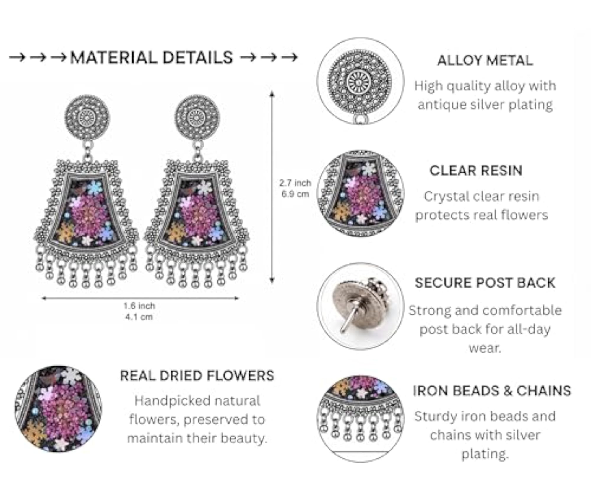 Women's Handmade Floral Resin Earrings with Real Flowers