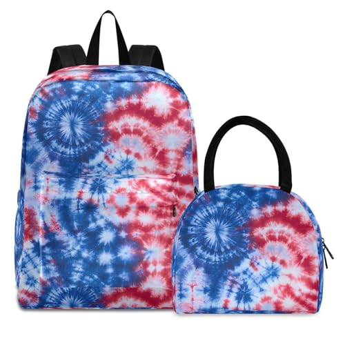 Backpack Lunch Box Set Large Capacity Travel Backpacks and Insulated Lunch Bag for Commute Hiking Picnic Blue Red Tie Dye Print