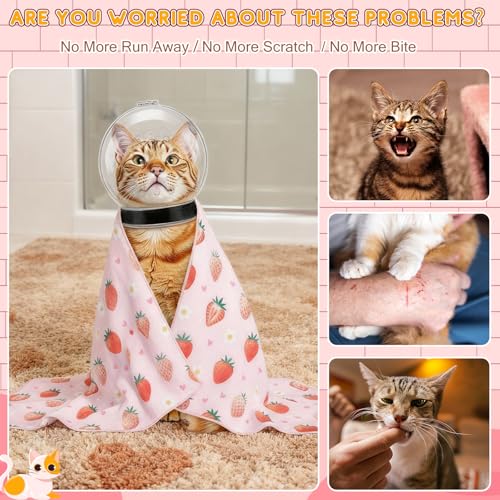 Image of Chunful Cat Muzzle for Grooming, Cat Helmet and Wrap for Cutting Nails, M Size Adjustable Mask, 27.6 inch Anti-Escape Calming Swaddle Cloth, Bathing Shaving Anti-Scratch Pet Tools(Strawberry)