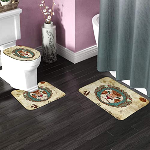 Badezimmerteppich-Set, 3-teilig, Boho-Stil, Löwe und Symbole, Vintage-Muster, Digitaldruck, waschbare Badteppiche, rutschfest, mit Rückenpolster, Konturteppich und Toilettendeckelbezug – Bild 4