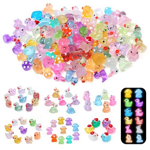 LEADSTAR 100 Piezas Mini Animales De Resina,Juguetes Luminosos de Patos,Unicornios,Conejos,Champiñón Mixtos,Mini Coloridos Juguetes Animales Bosque para Casa de Muñecas Acuario Decoración Jardín