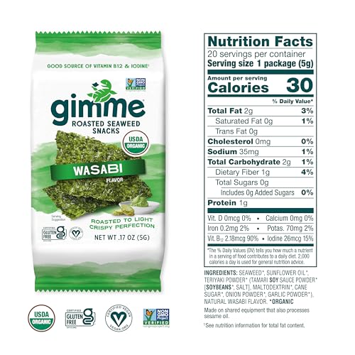 image for Gimme Seaweed - Wasabi - 20 Count - Organic Roasted Seaweed Sheets - K