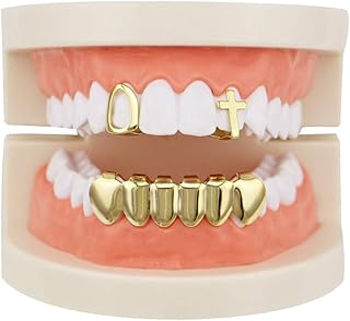 Never give up Uniseks luksusowy pozłacany hip hop błyskotki zestaw zębów puste górne i dolne czapki do grilla - wysoki połysk dla dorosłych akcesoria na imprezę kostiumową (kolor: złoty)