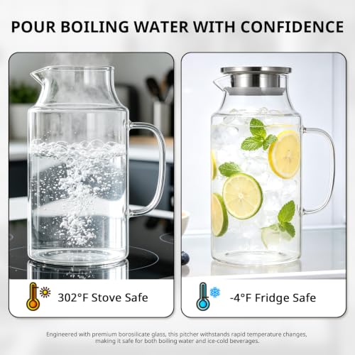 Image of Bivvclaz Short 67.6 oz Glass Pitcher with Lid and Handle, Glass Carafe for Hot /Cold Water, Iced Tea Pitcher for Coffee, Juice and Homemade Beverage