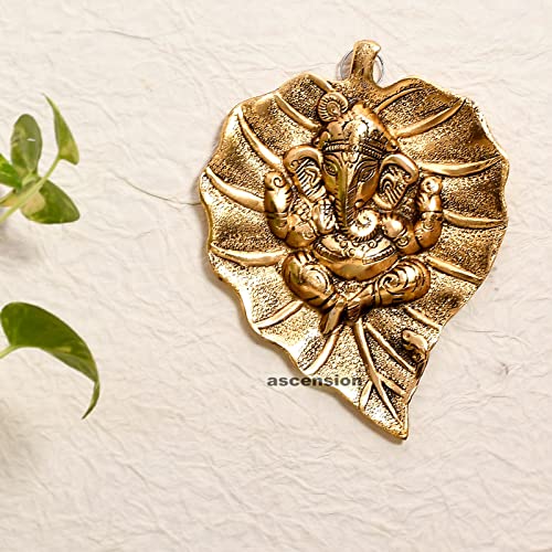 Image of ascension Ganpati Metal Green Lord Leaf Ganesh Idol Patta Statue Decorative Wall Hanging Showpiece Figurine (Golden) (Big)