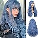 Produktbild Perücke Blau mit Pony Lang Welle lockig Perücke Karneval Cosplay Halloween Haare Perücke Damen (Blau)