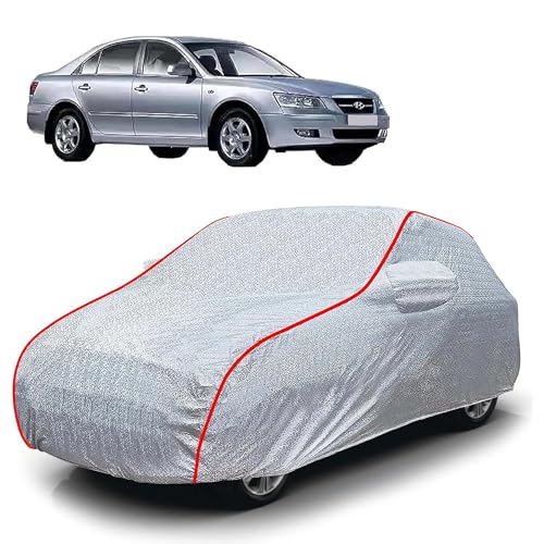 Image of Sulfar 100% Waterproof Car Body Cover Compatible with Mirror for Hyundai Sonata Embera (Triple Stitched, Full Bottom Elastic, Magic Silver with Red Piping)