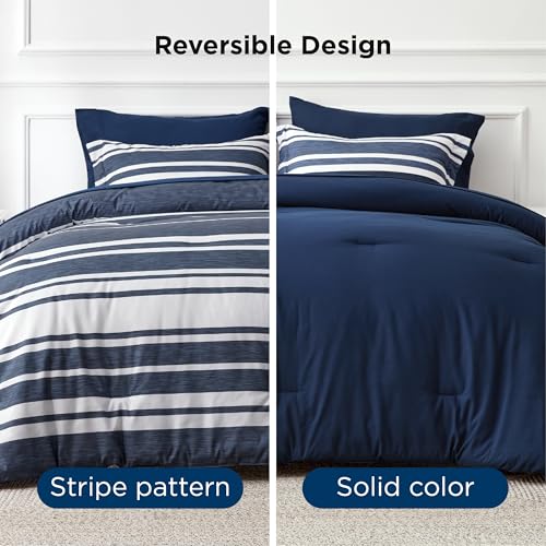 Image of Bedsure Queen Comforter Set 7 Pieces, Blue Striped Bedding Set for All Seasons, Reversible, Cationic Dyeing Bed in a Bag with Comforter, Sheets, Pillowcases & Shams