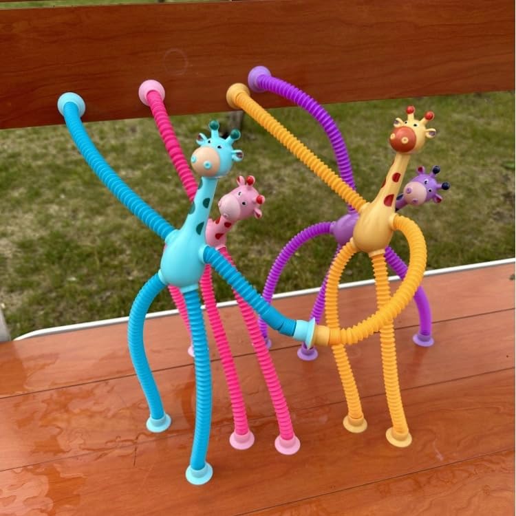 4 Pack Giraffe Interactive Pop Tubes Set Suction Cup Fidget Toys, Toddler Sensory Toys Gifts Christmas Stocking Stuffers, Fun and Creative Exploration for Kids, Connect, Stretch, Twist and Pop