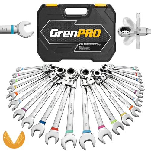 Image of GRENPRO 23PCS Flex-Head Ratcheting Wrench Set, Combination Ratchet Wrenches Set Metric and Standard & SAE with Organizer Box, 6-18mm & 1 /4 inch to 3 /4 inch with Color Ring, CRV Socket Mechanic Tools Sets