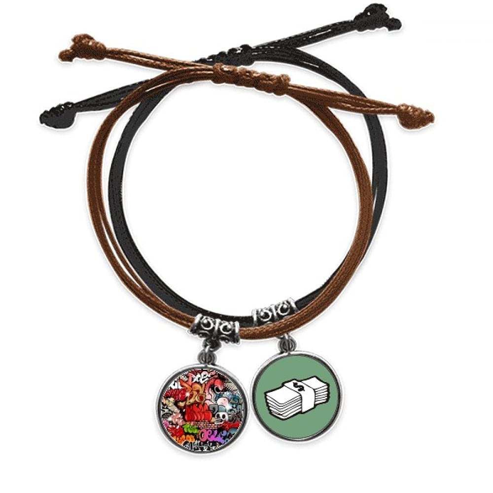 Pulsera de calavera graffiti con cadena de cuero y cuerda de mano ajustable 3