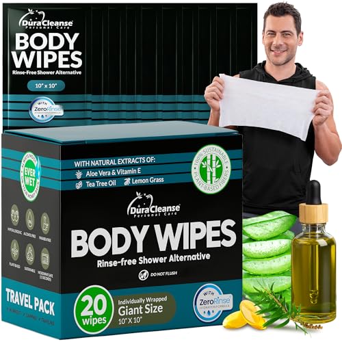 Travel Body Wipes for Men - 20 XL Shower Wipes for Adults Bathing No Rinse - Individually Wrapped 10x10 Disposable Washcloths Face Towels Gym Mens Deodorant Sheets Camping Essentials & Must Haves