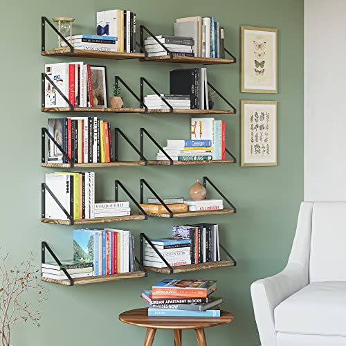 Wallniture Ponza Floating Shelves For Wall, 17"X8" Bookshelf For Large Books, Storage Shelves For Office, Hallway Living Room Decor, Set Of 10, Burnt #TOP1