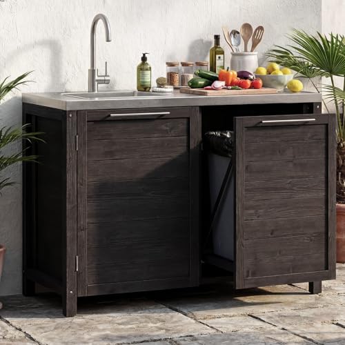 MOUMON Patio Kitchen Sink Cabinet with Stainless Steel Countertop, Patio Prep Table with Trash Bin Compartment, Outdoor Cooking Station, Sink not Included, Dark Grey 51.2”W x 23.6”D x 37.4”H