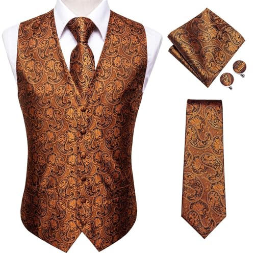 Men’s Silk Vest Set – Formal Paisley Waistcoat with Tie, Pocket Square & Cufflinks for Wedding or Party 5