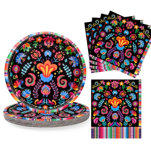 Mexican Fiesta Cinco De Mayo Paper Plates and Napkins Set Black Colorful 9 Inch Disposable Plates Napkins Serves 20 Party Supplies Table Decorations