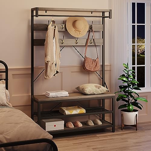 IDEALHOUSE Coat Rack Shoe Bench Industrial Hall Tree Storage Bench for Entryway Wood Look Accent Large Shoe Rack with Storage Shelf Hanging Bar, 8 Hooks Grey 39.9"x15.7"x72"