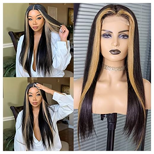 Highlight Lace Front Wigs Human Hair Pre Plucked Straight Skunk Stripe T27 Ombre Honey Blonde Color 180% Density Glueless 12A Brazilian Virgin Hair 4x4 Lace Closure Wigs For Black Women 20inch Long