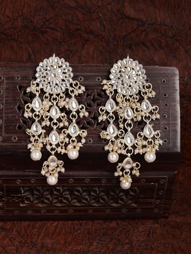 Image of Sukkhi Beautiful Floral Style Gold Plated with Pearls & Kundan Studded White Long Dangler Tassel Earring Jewellery for Women & Girls|E107329