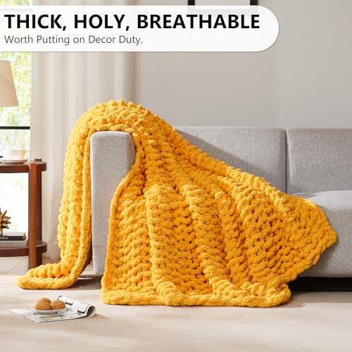L'AGRATY Chunky Knit Blanket Throw: 72''x84'' Chenille Chunky Knitted Throw Blanket for Bed Couch - Handmade Thick Big Cable Knit Blanket - Large Chunky Crochet Rope Blanket for Home Decor(Yellow)