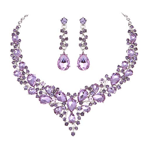 Molie Youfir Bridal Austrian Crystal Necklace and Earrings Jewelry Set Gifts fit with Wedding Dress (Light Purple)