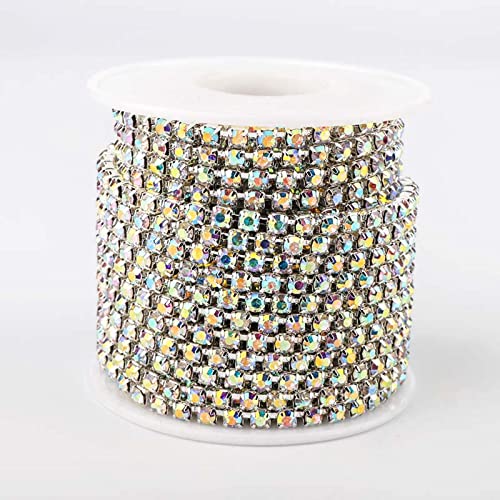 10 Yards Crystal AB Strass Close Chain Clear Trim Cucito Argento Base Cup Chain Crystal Glass Stone Sew On Rhinestone-Crystal AB, SS16 (3,8-4,0 mm)