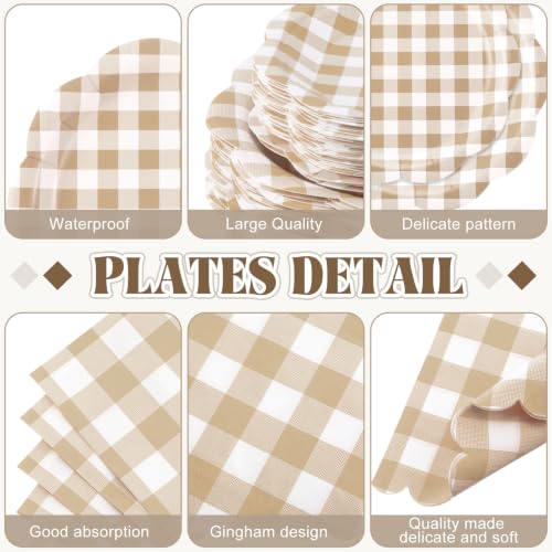 Image of Funnymoom 452 Pcs Brown Gingham Party Supply for 50, Beige Plates Napkins