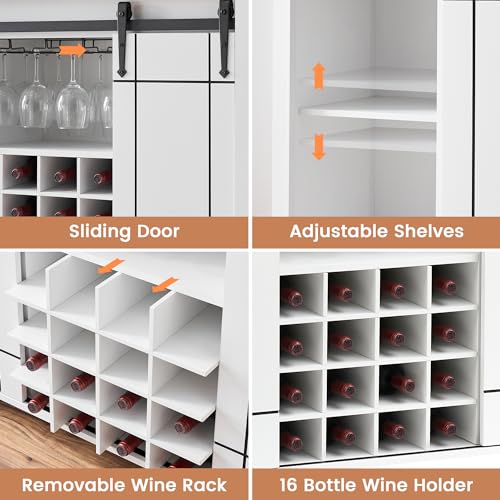 Image of Farmhouse Sideboard Buffet Cabinet with Sliding Barn Doors, Coffee Bar Cabinet with Adjustable Shelves, 16-Bottle Wine Storage & Glass Holder for Dining Room, Living Room,White