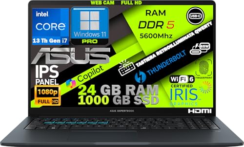 Notebook ExpertBook 15,6" Intel Core i7 13ª Gen 10-Core fino a 5GHz, 24GB RAM DDR5, 1TB SSD, Win11 Pro, WiFi6E, Thunderbolt, HDMI, Tastiera Retroilluminata, QWERTY, Fingerprint - Notebook - Immagine 1