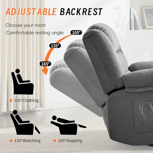 Image of Rocking Recliner Chair for Adults, 360 Swivel Rocker Recliner with Massage and Heating, Manual Glider Rocking Chair with Cup Holders for Living Room Bedroom Nursery (Grey)