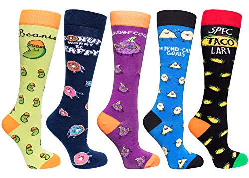 socks n socks-Women 5-Pairs Luxury Cotton Colorful Cool Fun Knee high Socks, Pun Foods, One size