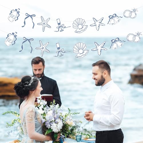 Image of Oudain 2 Pack Seashells and Wedding Bells Garland 6.56 ft Blue Bow Starfish Ring Coastal Beach Bachelorette Paper Hanging Banner Last Toast on the Coast for Bridal Shower Bachelorette Weekend Decor