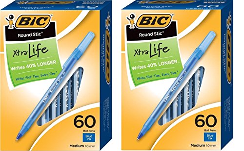 Image of BIC Round Stic Xtra Life Ball Pen, Medium Point (1.0 mm), Blue jhPhRg, 2Pack (60 Count)