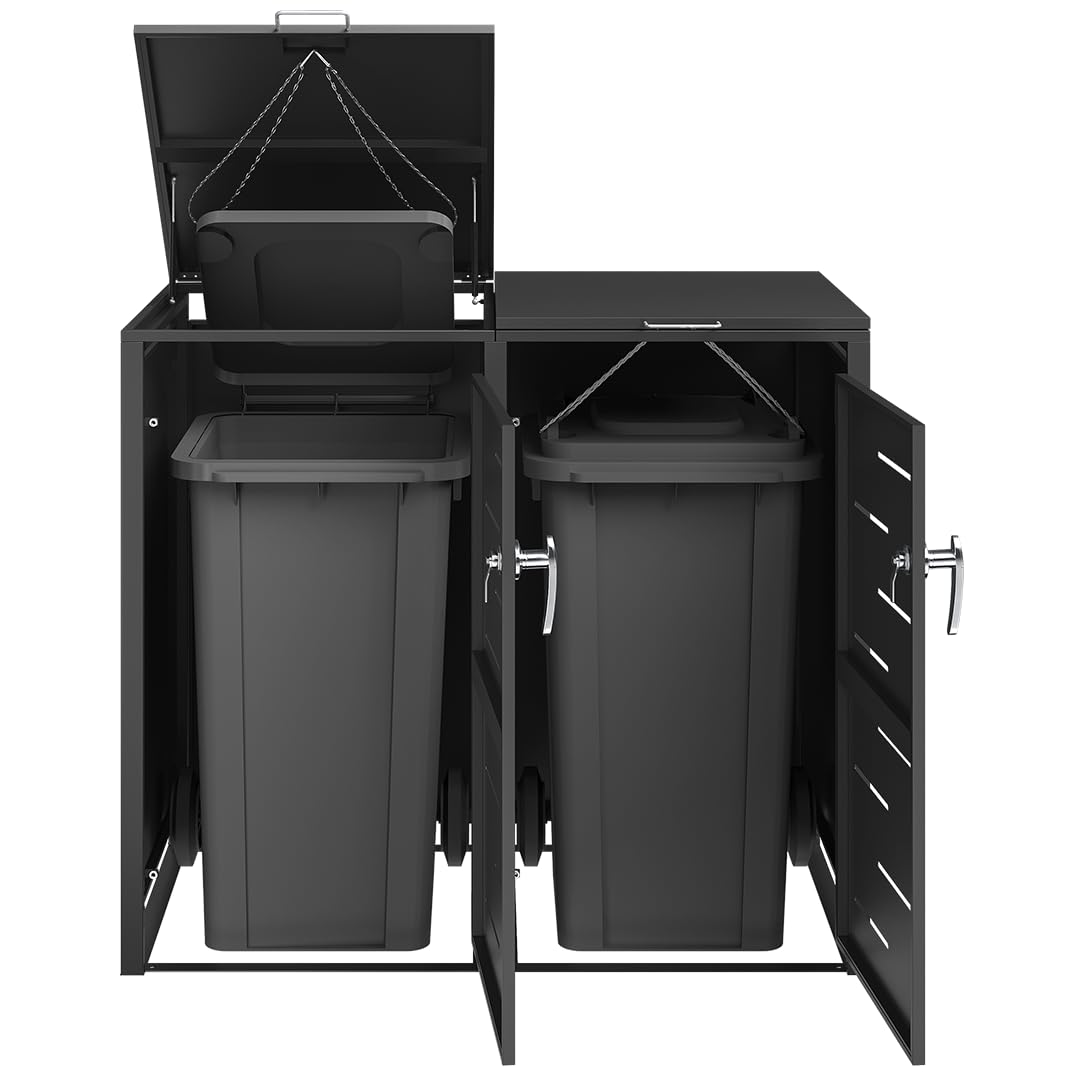 STEELSØN Diorus Mülltonnenbox 2er 120L abschließbar – Hochwertige Mülltonnenverkleidung für 2 Tonnen – Müllbox Stahl – Müllcontainer Schwarz - Mülltonnen Box wetterfest – Gerätebox mit Schloss