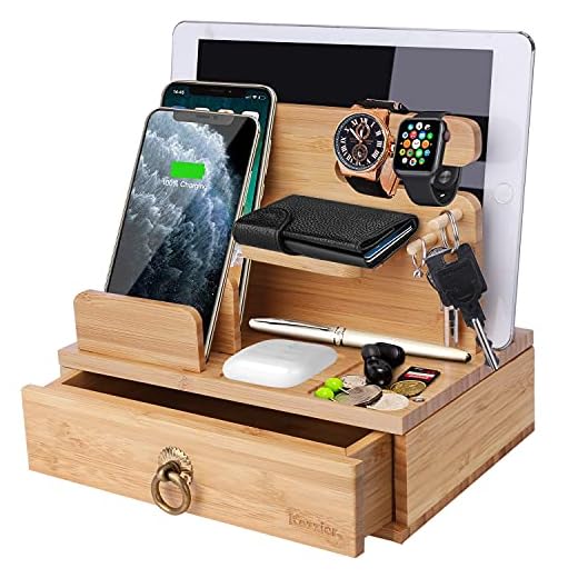 iCozzier Bamboo skrivbordsladdningsstation för flera enheter dockstation klocka organisatör nyckelhållare med låda för watch, pods, dyna, smartphones, surfplattor, Kindles
