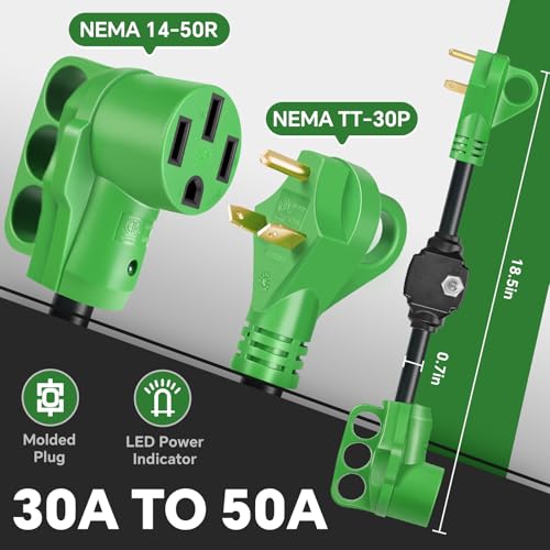 Image of 30 Amp to 50 Amp RV Adapter & Surge Protector for Campers, Trailers - NEMA TT-30P to NEMA 14-50R Plug with Circuit Breaker, ETL-Listed, 18.5 Inch