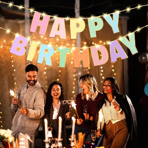 Image of Party Propz Rainbow Theme Happy Birthday Banner For Kids - 2pcs Happy Birthday Jumbo Size Letters Banner with 3M Warm Lights, Brthday Decoration Banner for Boys & Girls (Cardstock)