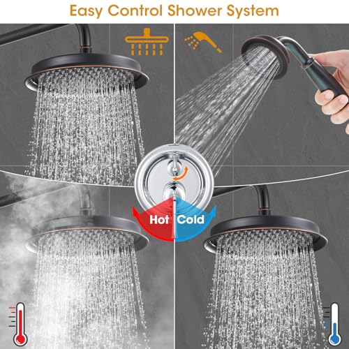 Image of Antique Rain Shower Head with Handheld Spray, Oil Rubbed Bronze Rain Shower System with Rough-in Balance Pressure Valve, 9 inch Bathroom Luxury Rain Fall Shower Head Wall Mount Round, (B2312-ORB)