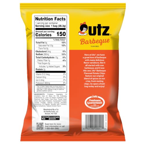 Utz Barbeque Potato Chips, 1 oz Bags (60 Count) | Cooked in 100% cottonseed oil, individually wrapped for vending machines, gluten-free, cholesterol-free, trans-fat-free - image 2
