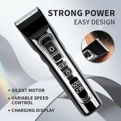 Image of Professional High-Power Hair Clipper for Men, Silent Motor Hair Trimmer, Digital Display, Adjustable Speed & Gears, Ceramic Blade, 4 Limit Combs (3-12mm), 3H Runtime, Quick Charging