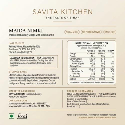 Image of Savita Kitchen Maida Nimki 200g | Namak Para with Kalonji | Crispy & Crunchy Bihari Namkeen Tea-Time Snack | Hand-Cut, No Palm Oil, No Preservatives | Try Pack Homemade Namakpara