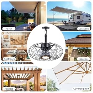 Black Outdoor Ceiling Fans with LED Light 15 Waterproof Gazebo Fan Plug in Caged Industrial Fandelier Ceiling Fan with Remote 6 Speeds Adjustable Height Fan for Bedroom Living Room Pergola