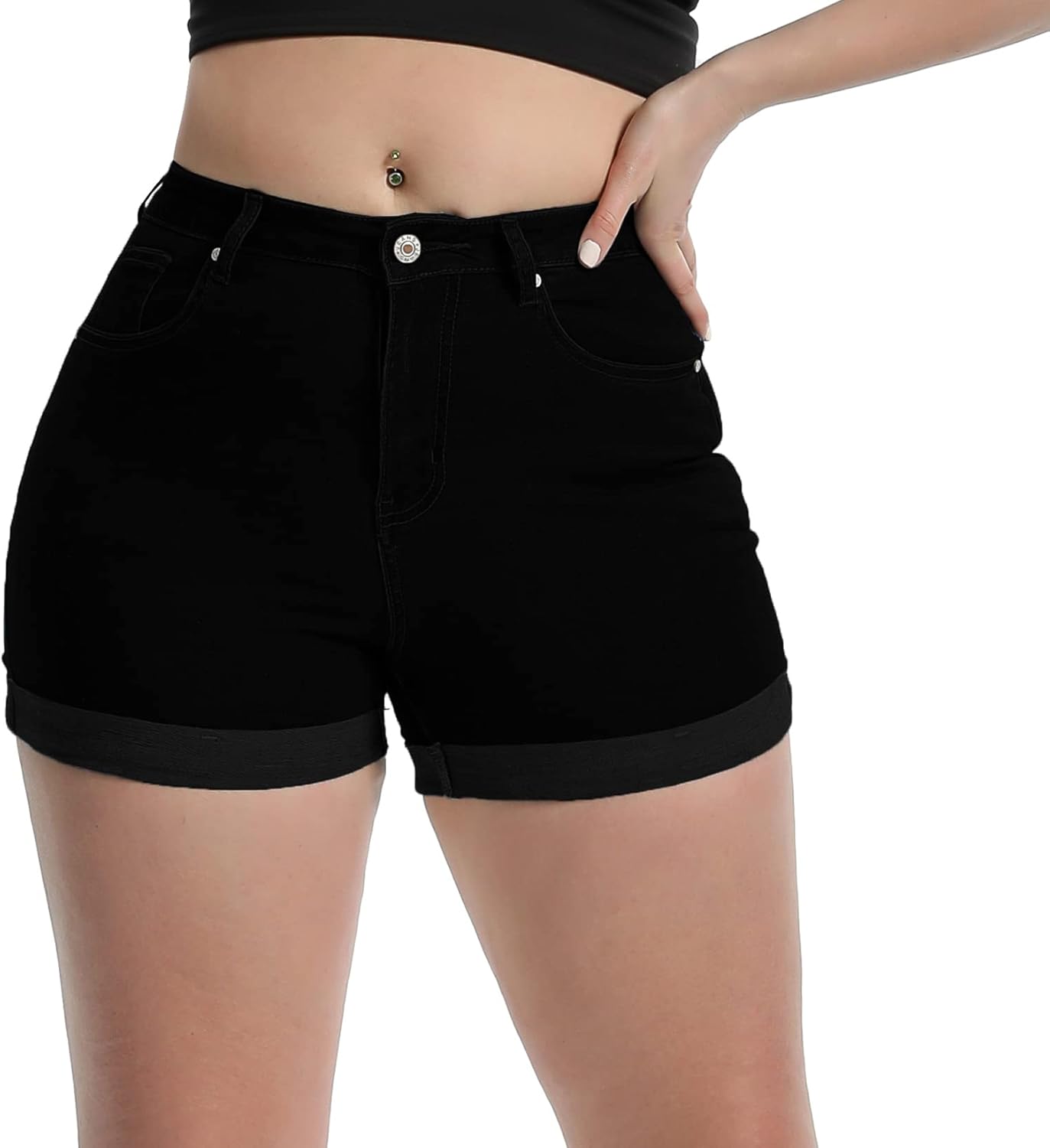 Laeyzuo Women's High Waisted Stretch Jean Shorts Foldead Hem Fashion Denim Shorts