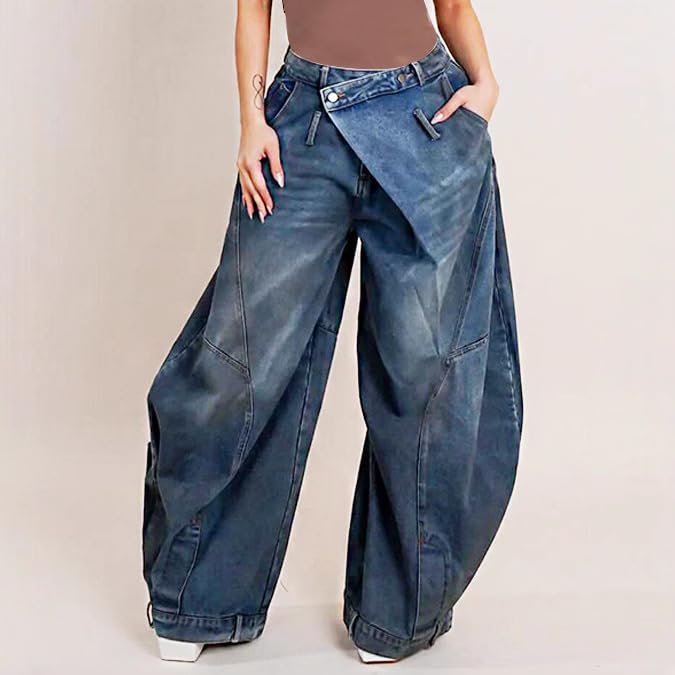 Women's Large Size Loose Denim Pants Vintage Casual Old Splicing Wide Leg Jeans2